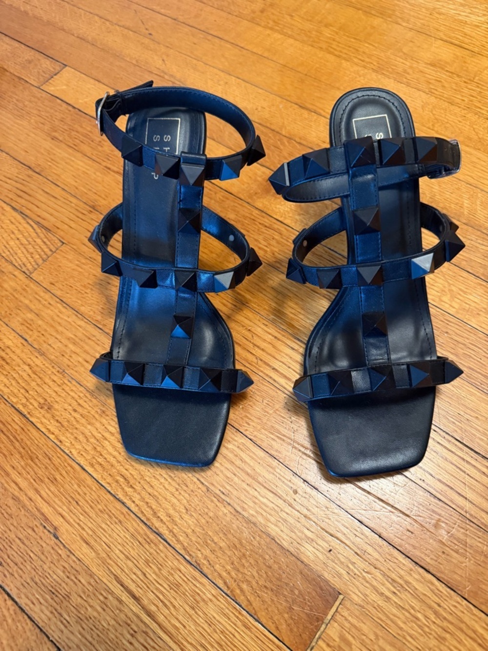 ShuShop Black Pyramid-Stud Strappy Heels